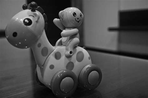 Grayscale Photo of Giraffe and Monkey Plastic Toy on Floor · Free Stock Photo