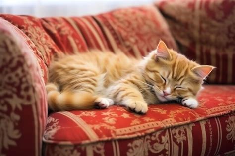 Premium AI Image | Cute cat sleeping or resting on the sofa at home Lazy cat sleeping on the ...