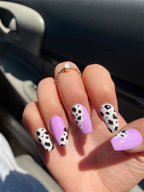 Cute cow print nails 💜💜 | Cow nails, Acrylic nails coffin short, Cute nails