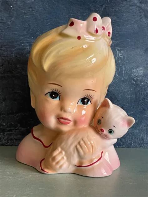 VINTAGE LADY HEAD Vase Enesco Blonde Little Girl Holding Kitten 5” $35. ...
