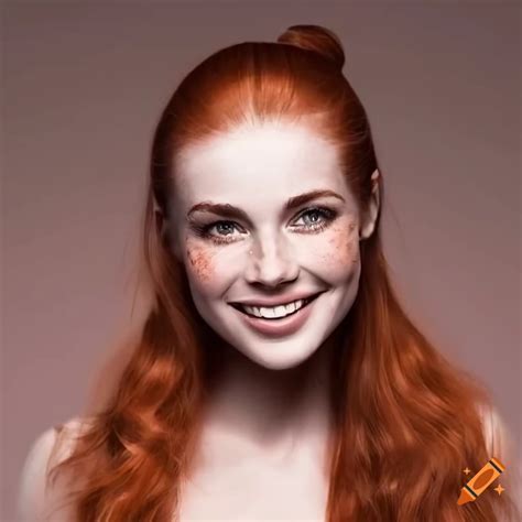 High-resolution portrait of a smiling redhead woman with freckles