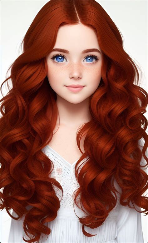girl with the blue eyes, long and curly auburn hair, and a pale ...