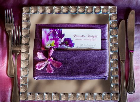 Square Glass Mirror Charger With Purple Dupionie Napkin | Wedding reception venues, Floral event ...