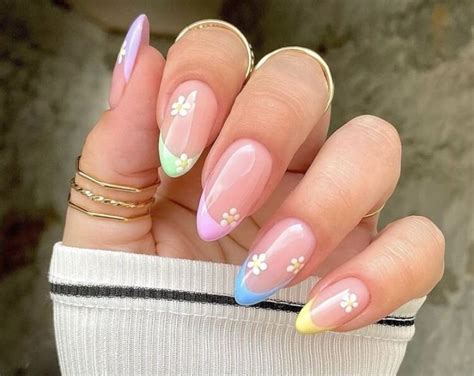 Flower French Tips Short Almond Nail Press On/ False Acrylic Nails Press on Extension/ Floral ...
