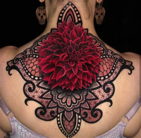 Dahlia & Mandala Ornamental Tattoo on Girls's Back & Neck