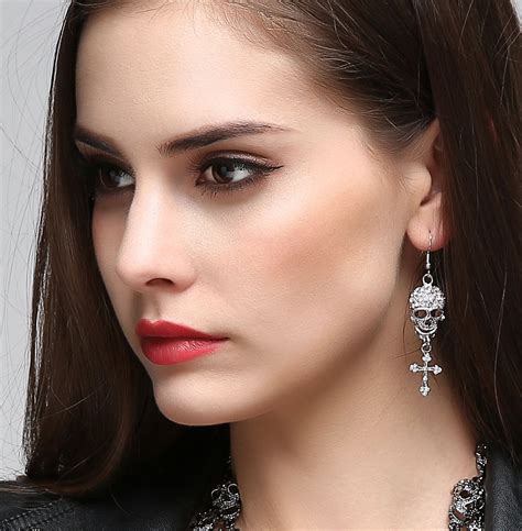 EVBEA Gothic Jewelry Skull Cross Drops Sparkly Big Chandelier Earrings for Women | Big ...