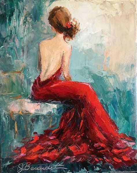 Print of Oil Painting of Glamorous Woman in Red Dress by Jennifer ...