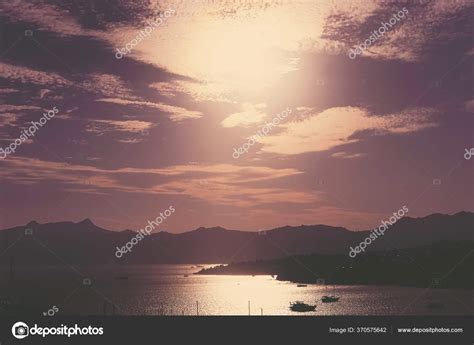 Sea view and mountains in the Mediterranean at sunset, summer vacation ...