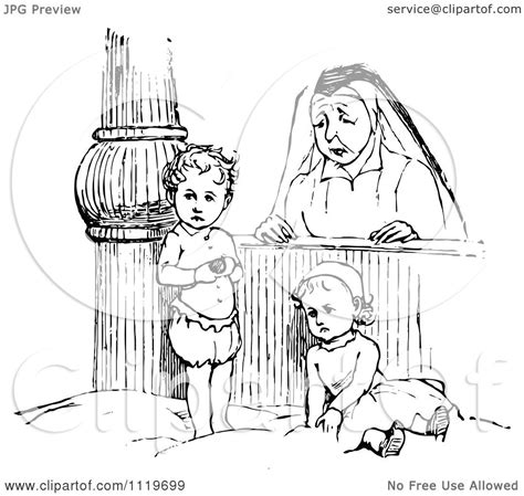 Clipart Of A Retro Vintage Black And White Orphan Kids With A Nun - Royalty Free Vector ...