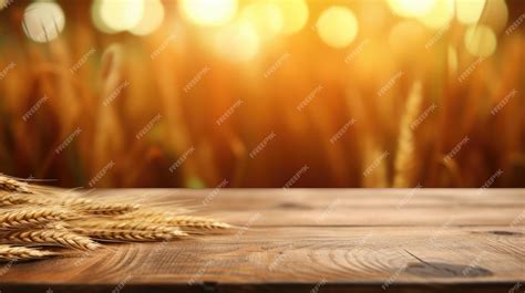 Premium Photo | The empty wooden table top with blur background of wheat farm Generative AI ...