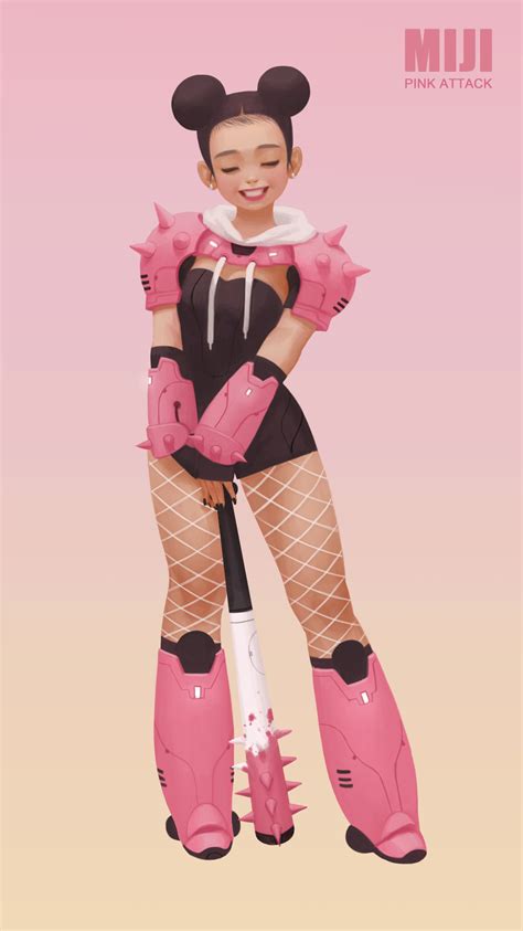 a woman in pink and black outfit holding a pair of pink gloves with spikes on her legs