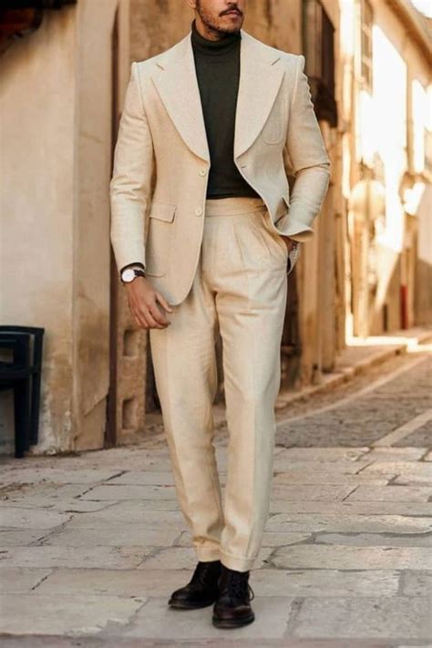 Beige Suit Jackets And Tuxedo, Turtleneck Blazer Fashion Trends With Beige Suit Trouser, Mens ...