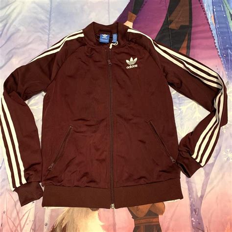 Adidas burgundy tracksuit zip up jacket size XS in... - Depop