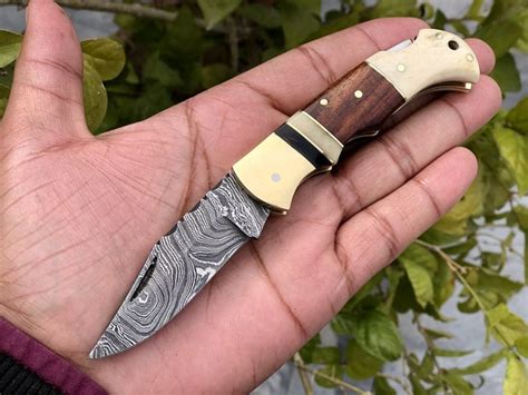 Custom Handmade Damascus Steel Small Folding Pocket Knife with Bone, Rosewood, and Brass ...