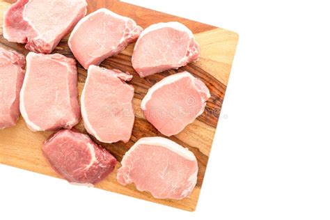 Boneless Raw Pork Loin Chops Close Up on Wooden Cutting Board on White Background Stock Image ...