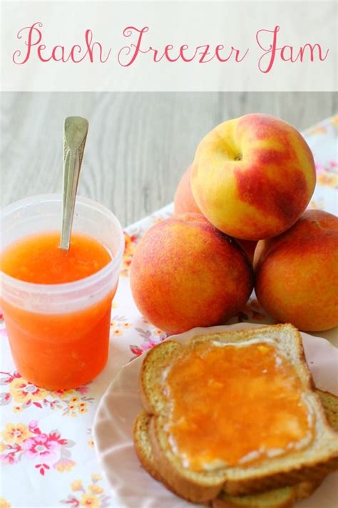 peach freezer jam is on a plate next to some fruit and a glass of juice