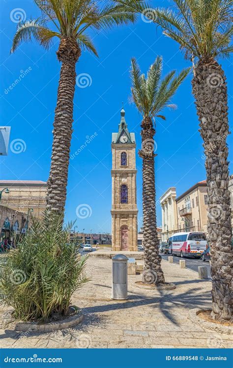 Jaffa Clock Tower and Palm Trees Editorial Stock Photo - Image of ...