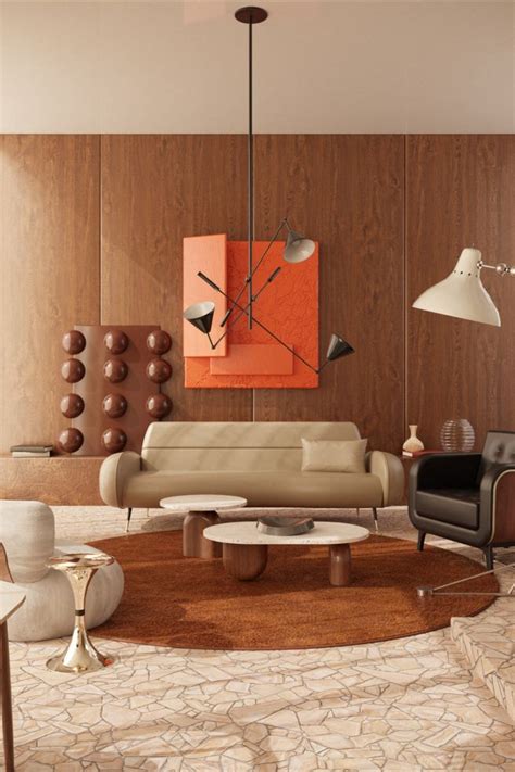 Mid-century living room with a brown round rug Living Room Orange, Living Room Colors, Living ...