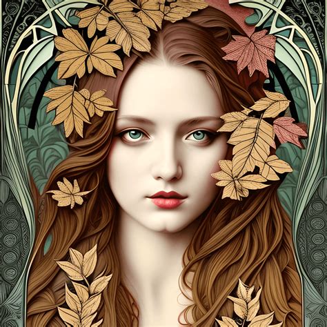 Beautiful Young Woman Fall Leaves Art Nouveau Illustration Painting · Creative Fabrica