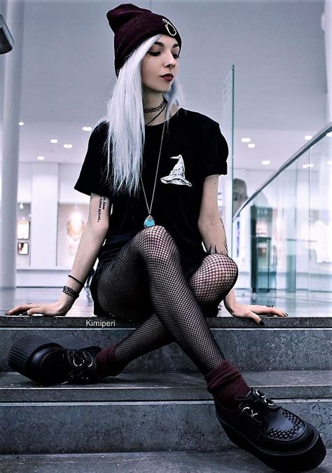 Beanie hat, choker, black shirt, shorts, oversized fishnet stocking ...