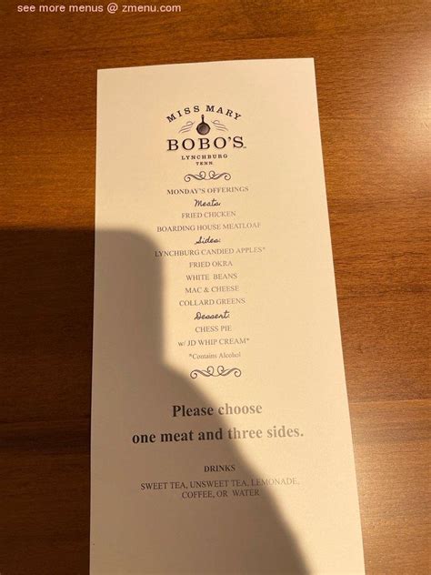 Menu at Miss Mary Bobo's Restaurant, Lynchburg