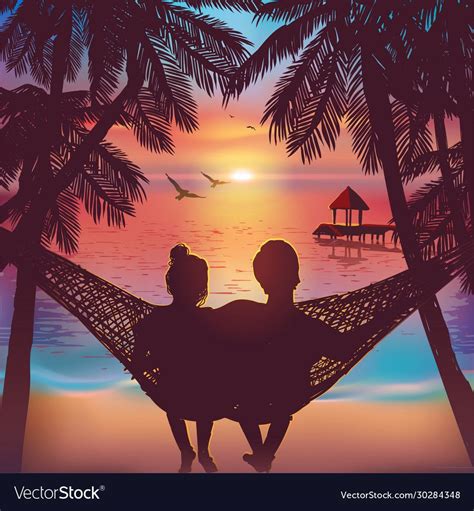 Couple in love at beach background on hammock vector image on VectorStock in 2020 | Couples in ...