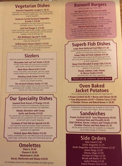 The Old Inn Weston-super-Mare's full menu online