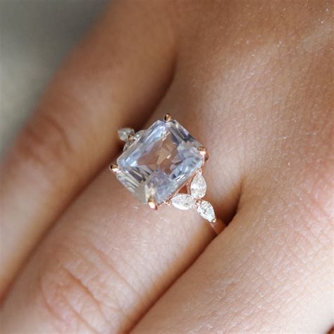 White sapphire engagement ring. color change sapphire ring 4.07ct emerald cut ring Rose gold ...