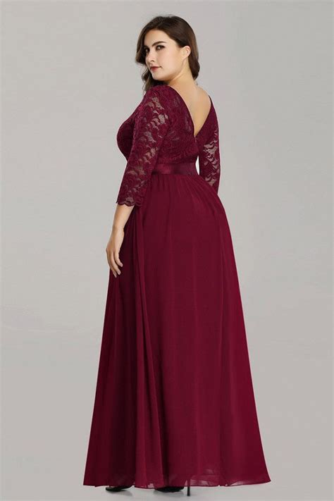 Burgundy Plus Size Long Bridesmaid Dress With Lace Sleeves, 40% OFF