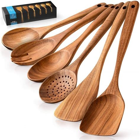 Zulay Kitchen (6 Pc Set) Teak Wooden Cooking Spoon Sets in Smooth ...