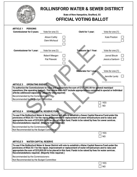 Sample Ballots for Voting – Rollinsford Water & Sewer District