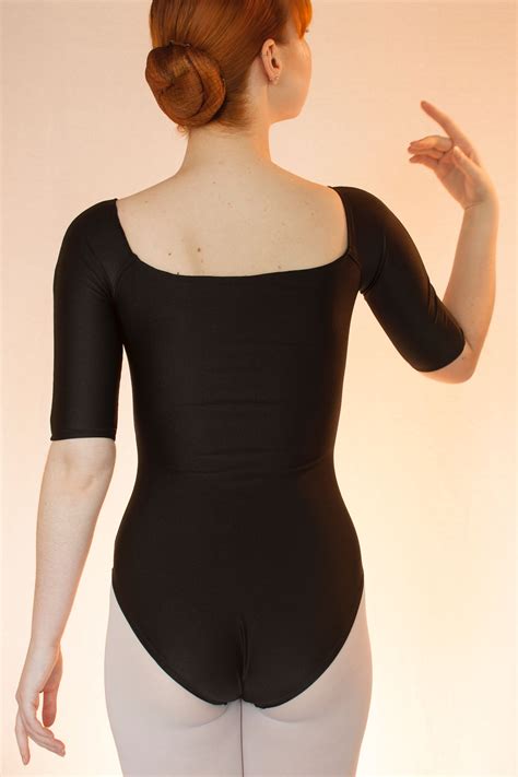 Square neck, high back ballet leotard with ½ sleeves in Black. Model 3 ...