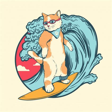 Cat Surfing | Cat illustration, Animal illustration, Cat summer