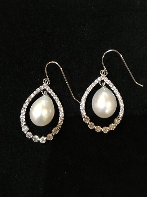 Freshwater Pearl & Cubic Zirconia Pear Shaped Silver Hook Earrings - Gorgeous Gems
