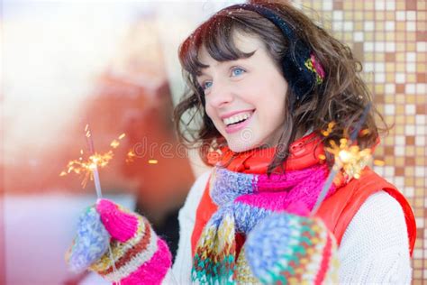 Outdoor Bright Photo of Young Beautiful Happy Smiling Girl with Lights ...