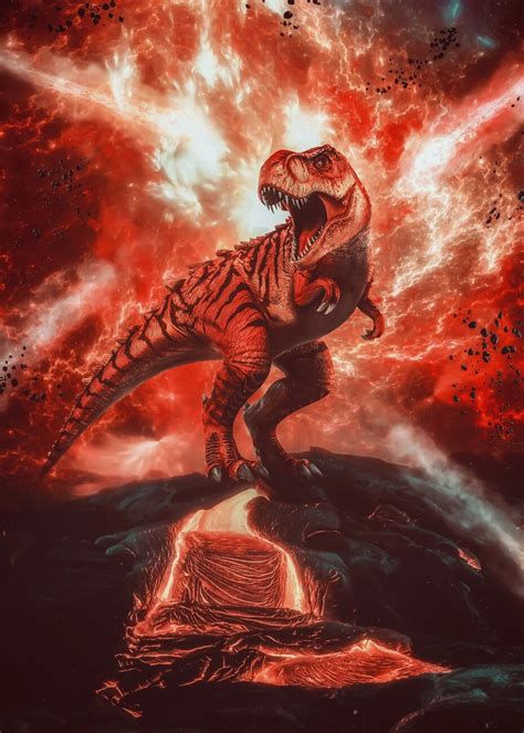 Künstlerische illustrasjon | Volcanic Eruption T-Rex end of Dinosaurs | Europosters