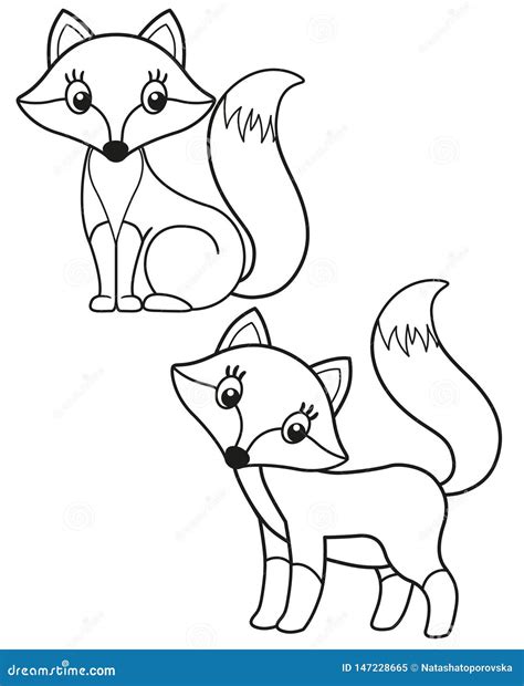 Cute Set of Cartoon Fox, Vector Black and White Illustrations for Children`s Coloring or ...