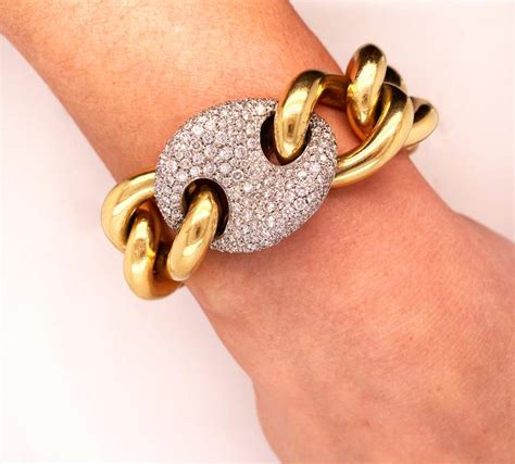 Nicolas Cola 18 Karat Yellow White Gold Diamond Large Link Bracelet For Sale at 1stDibs