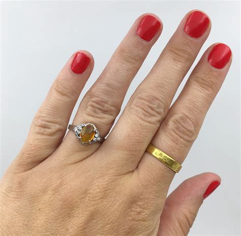 Vintage Mexican Fire Opal Ring, Platinum Diamond Mounting — Reverie