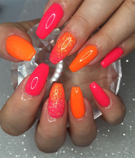 Neon pink and orange nails | Orange nail designs, Neon orange nails, Bright orange nails