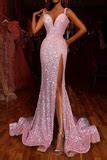 Sparkling Sequins Spaghetti Straps Prom Dress | Sexy Side Slipt Mermaid ...