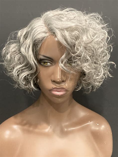 Essence Wigs Gray Beach Curly Wave Layered Bob Wig Full Cap-