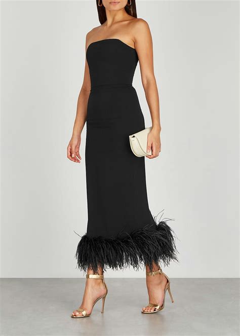 Minelli black feather-trimmed midi dress