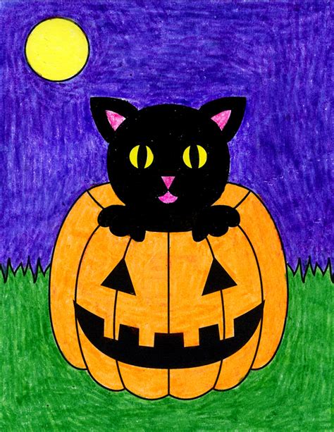 How to Draw a Halloween Cat Tutorial, Halloween Cat Color Page