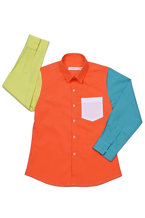 Orange Cotton Satin Color Block Shirt For Boys Design by Partykles at Pernia's Pop Up Shop 2023