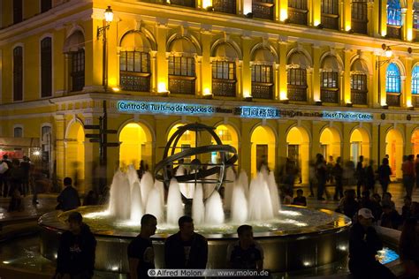 Photo of Fountain in Senado square at night. Old town, Macau, China