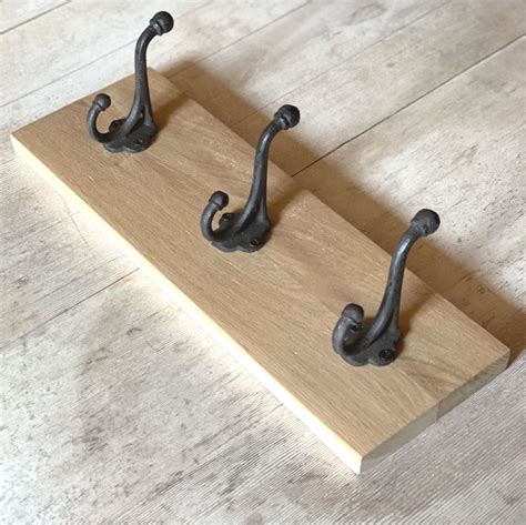 Solid Oak Coat Hanger - Three Cast Iron Coat Hooks set on a solid Oak ...