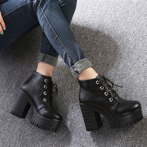 Women Shoes Black High Heels Boots Lacing Platform Ankle Boots Chunky ...