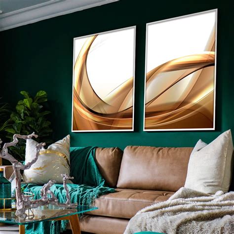 Conjunto de 2 Quadros Decorativos para Sala de Estar Abstrato Dourado