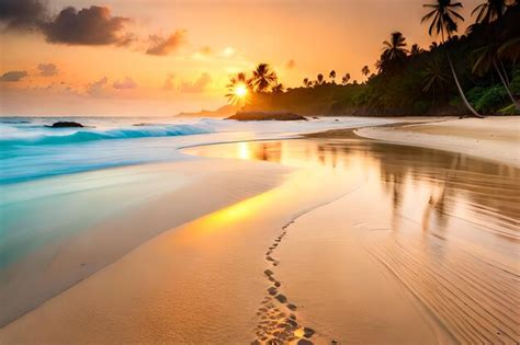 Premium AI Image | Footprints in the sand on a beach at sunset